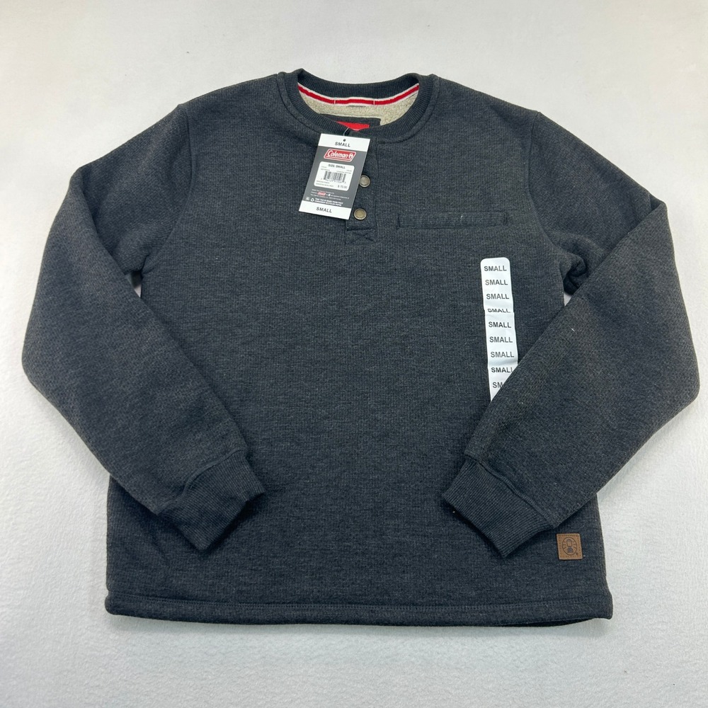 Coleman Mens Sherpa Lined Henley Sweatshirt Gray Waffle Knit Pullover Small